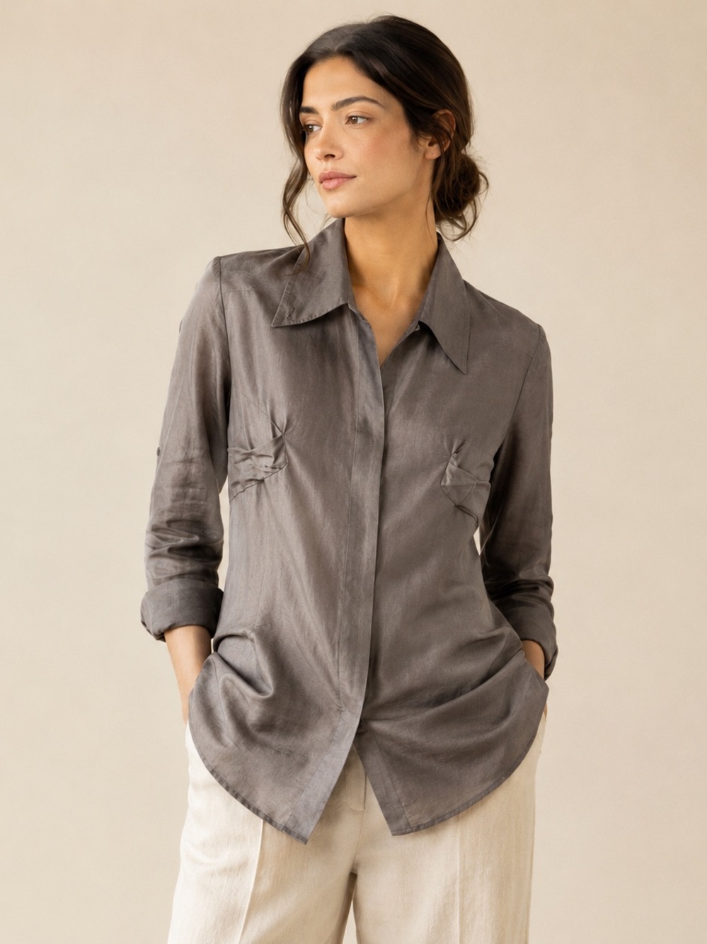 Quiet Luxury Sculptural Pleated Button Front Blouse Silk Cotton